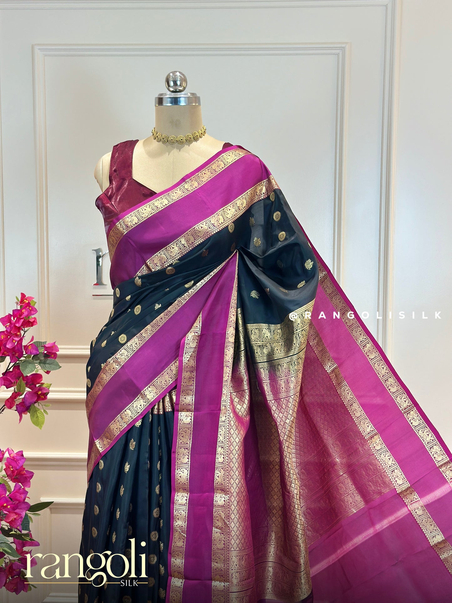 Black Kanjivaram Silk Saree with Gold Motifs & Magenta Zari Border - Post 648