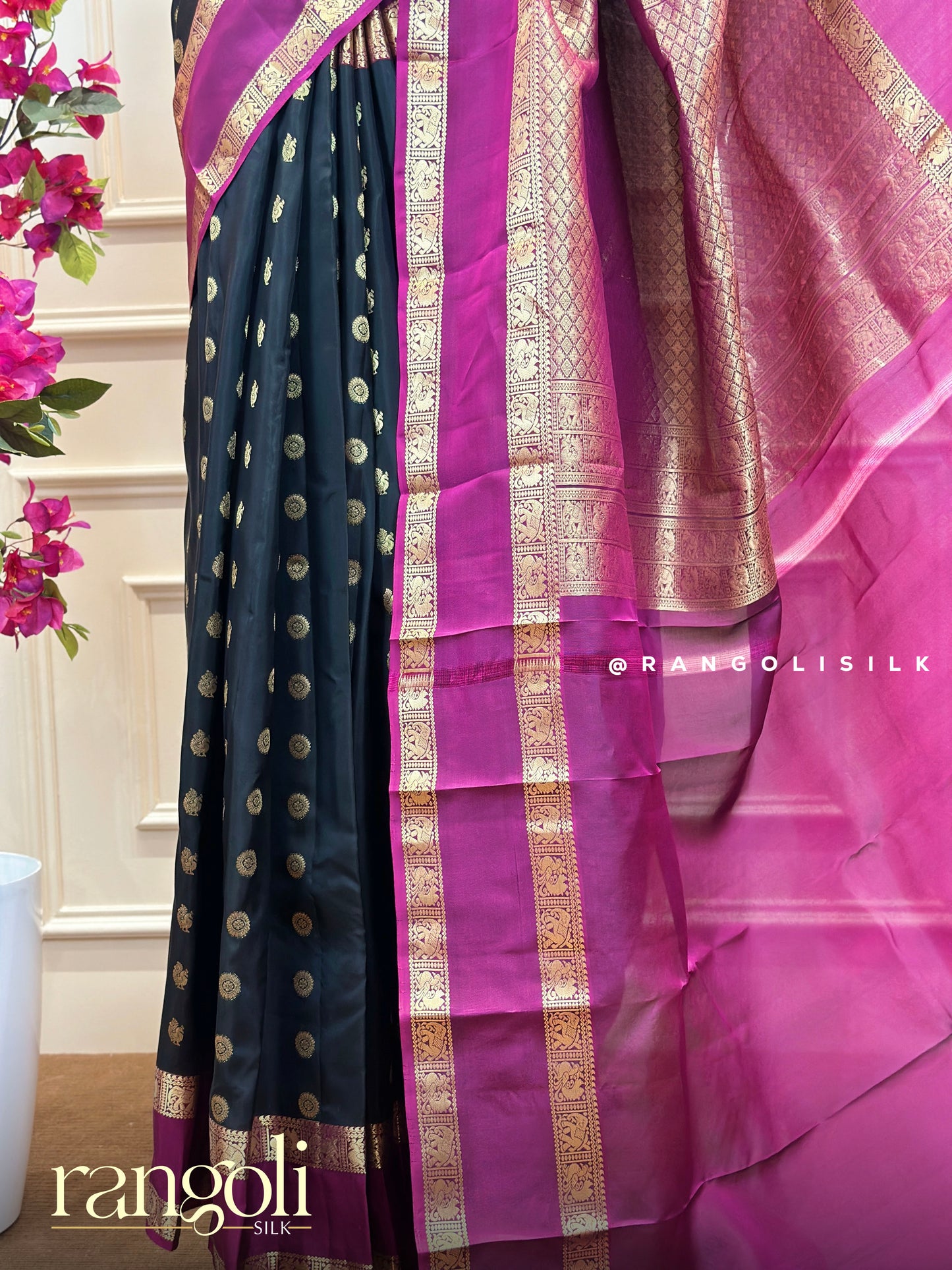Black Kanjivaram Silk Saree with Gold Motifs & Magenta Zari Border - Post 648