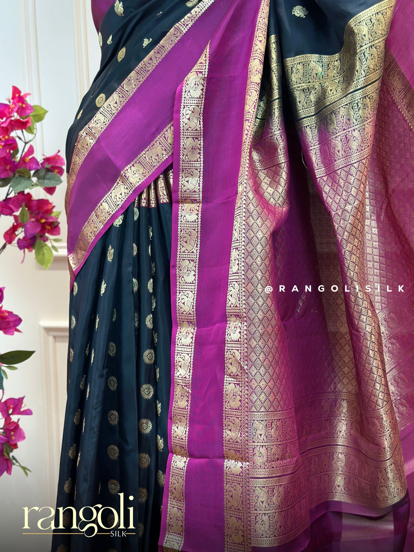 Black Kanjivaram Silk Saree with Gold Motifs & Magenta Zari Border - Post 648
