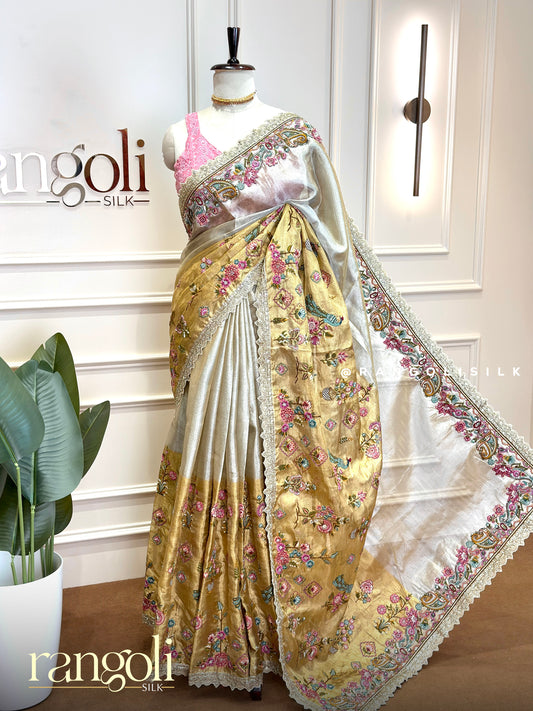 Double Shade Silver & Gold Tissue Silk Saree with Floral Peacock Embroidery - Post 1023
