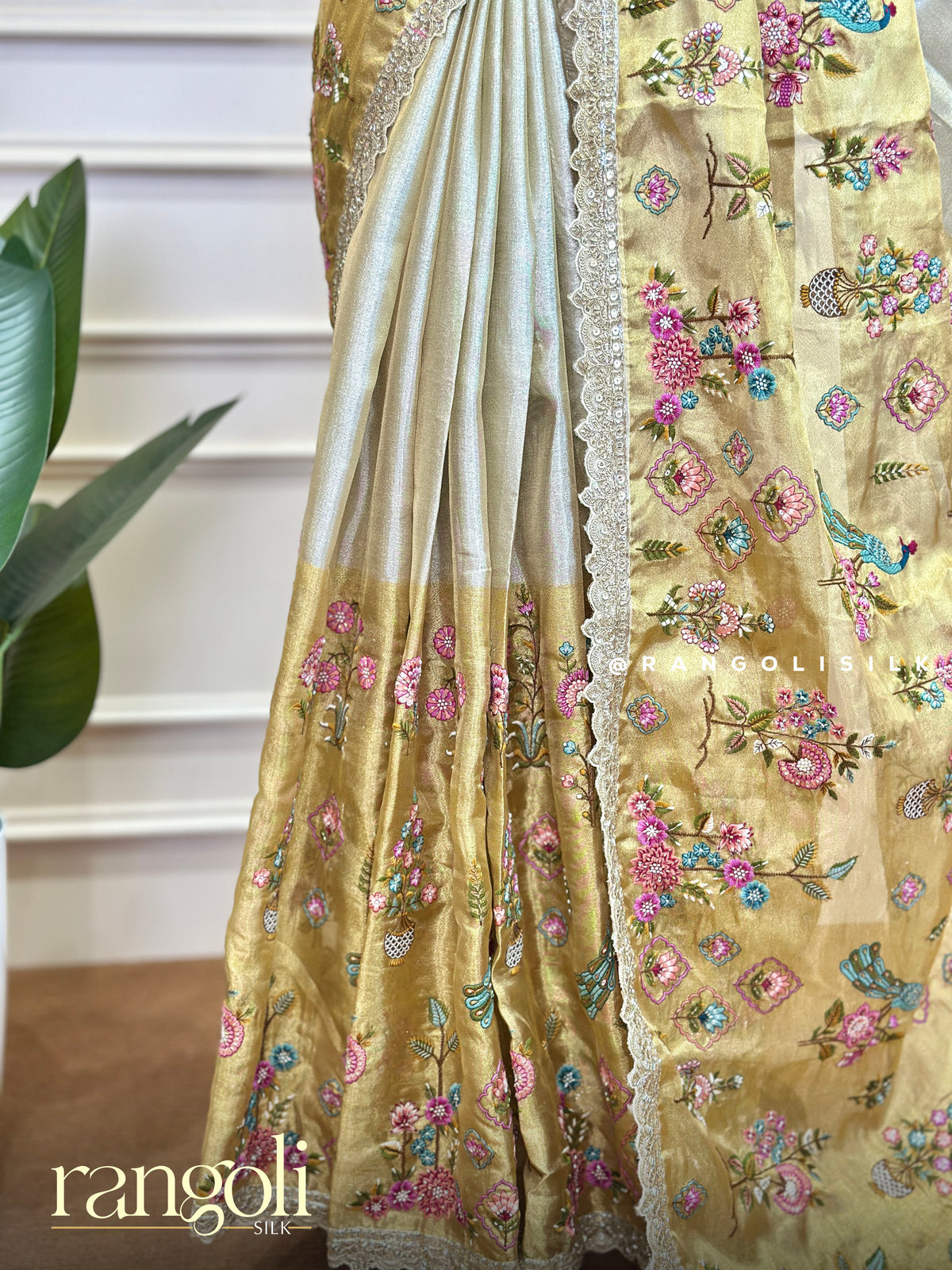 Double Shade Silver & Gold Tissue Silk Saree with Floral Peacock Embroidery - Post 1023