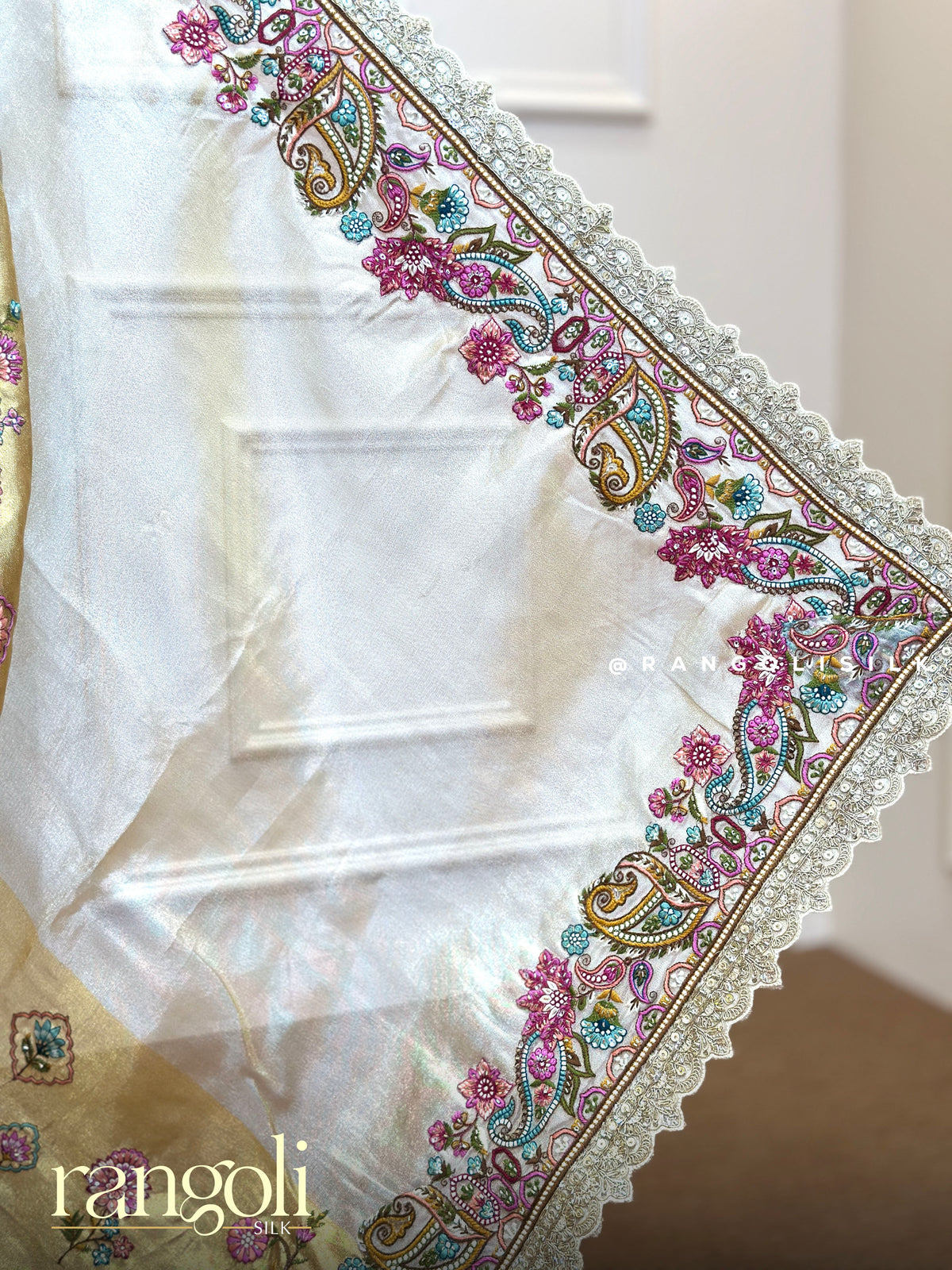 Double Shade Silver & Gold Tissue Silk Saree with Floral Peacock Embroidery - Post 1023