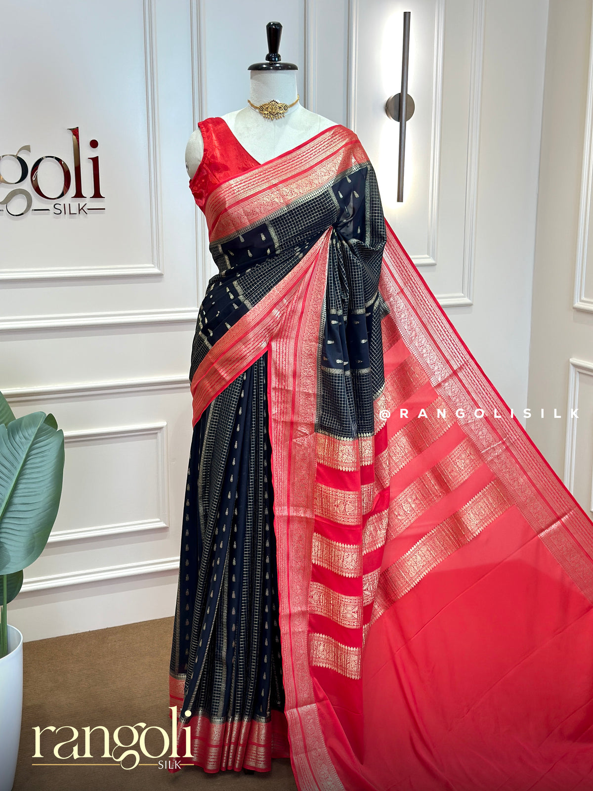Semi Mysore Silk Saree -  Black Checked Body with Gold Zari Buttas & Red Pallu - Post 1026