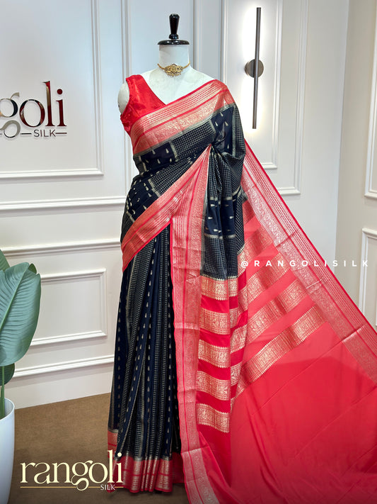 Semi Mysore Silk Saree -  Black Checked Body with Gold Zari Buttas & Red Pallu - Post 1026