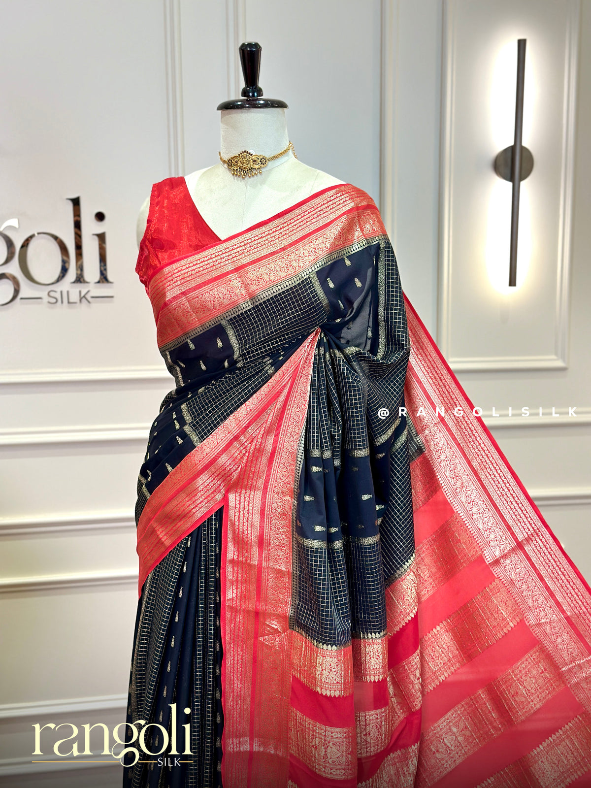 Semi Mysore Silk Saree -  Black Checked Body with Gold Zari Buttas & Red Pallu - Post 1026