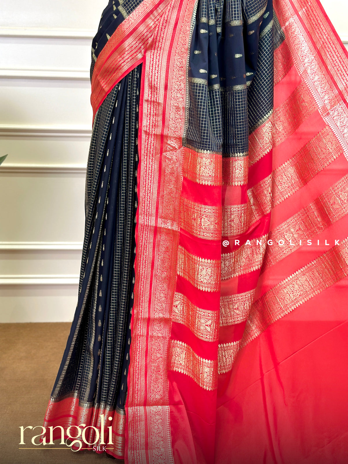 Semi Mysore Silk Saree -  Black Checked Body with Gold Zari Buttas & Red Pallu - Post 1026