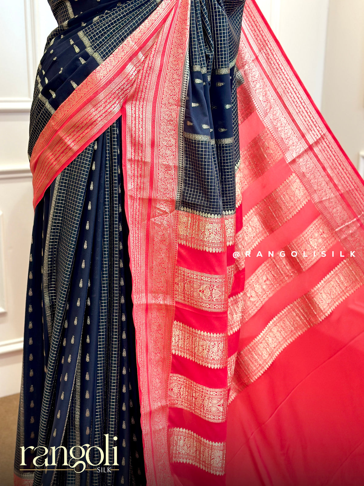 Semi Mysore Silk Saree -  Black Checked Body with Gold Zari Buttas & Red Pallu - Post 1026