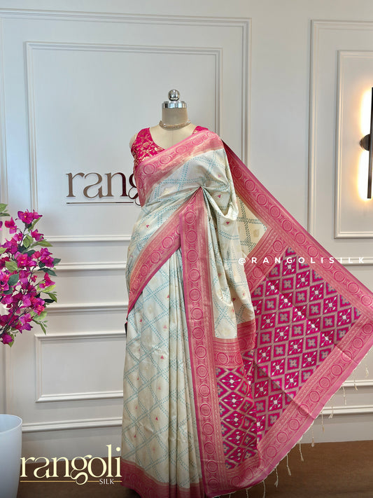 Soft Silk Saree with Bandhani Prints & Pink Border - Post 502