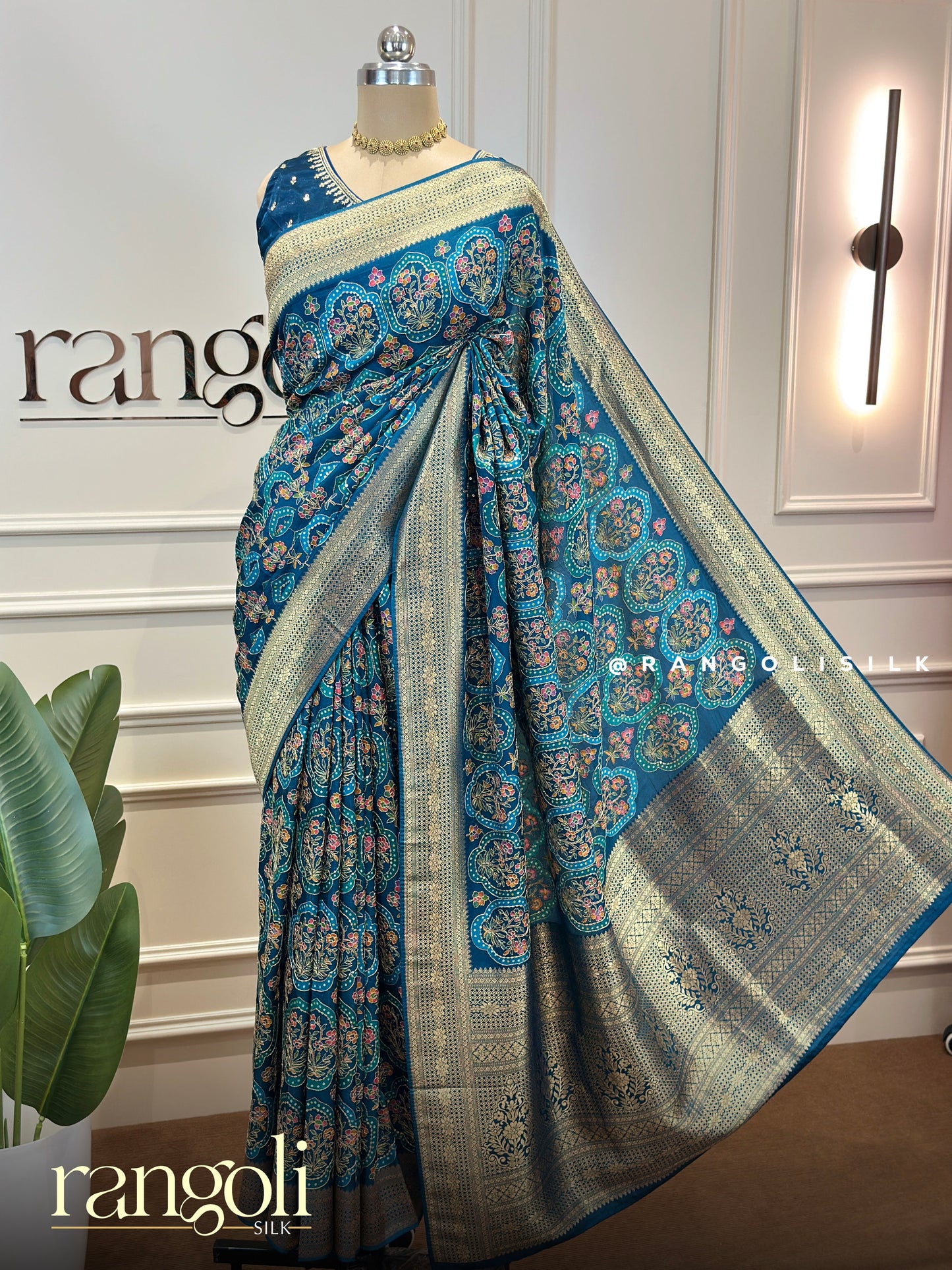 Teal Blue Banarasi Saree with Floral Zari Motifs & Antique Gold Border - Post 807