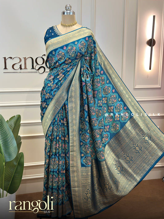 Teal Blue Banarasi Saree with Floral Zari Motifs & Antique Gold Border - Post 807