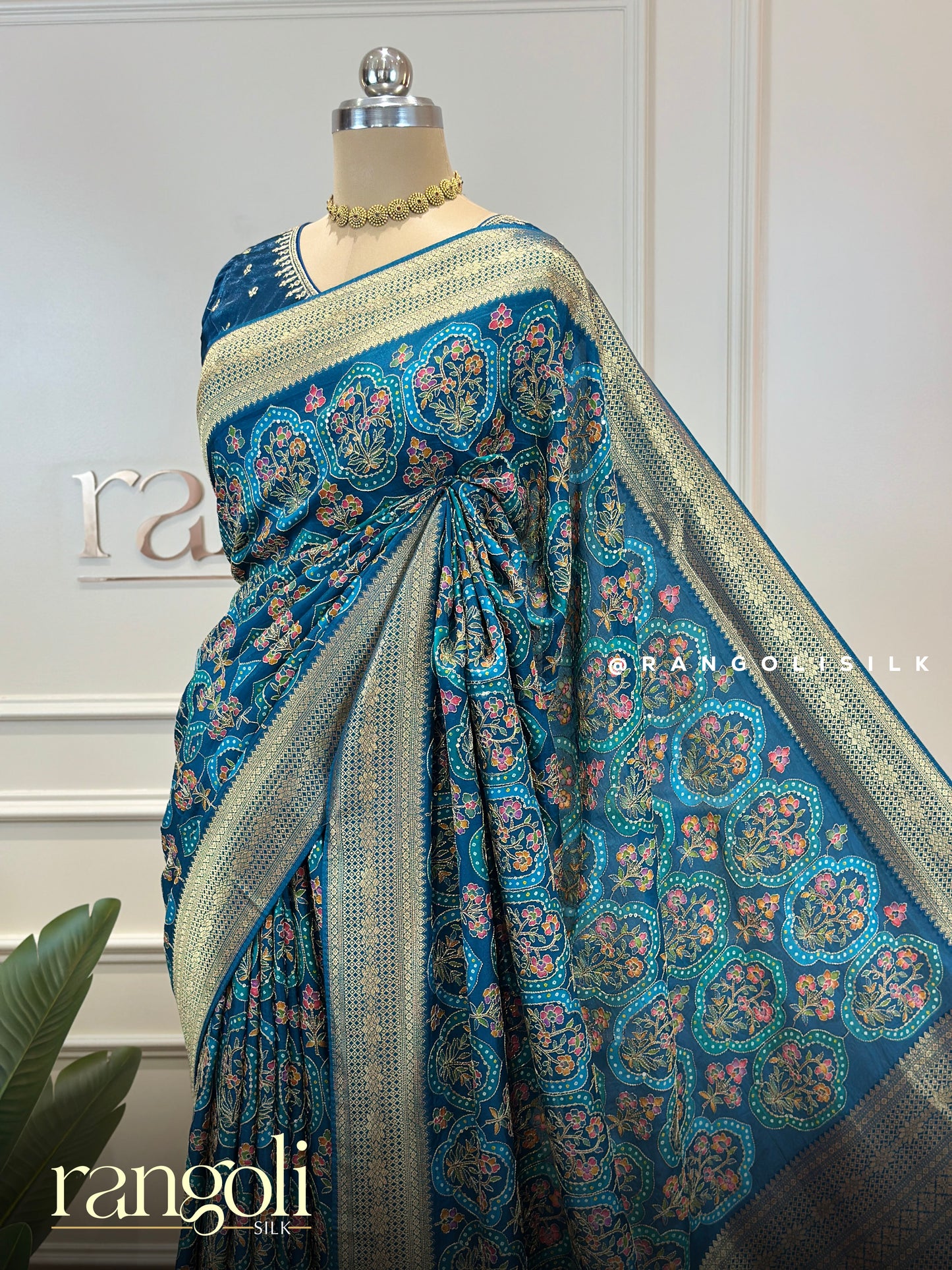 Teal Blue Banarasi Saree with Floral Zari Motifs & Antique Gold Border - Post 807