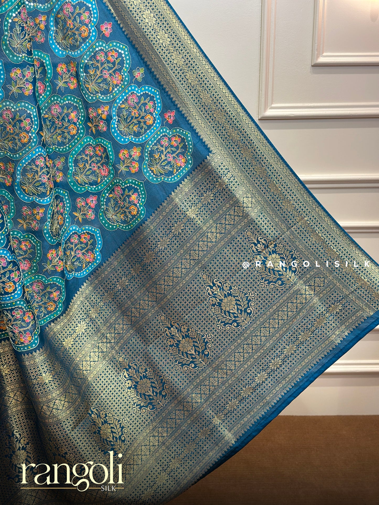 Teal Blue Banarasi Saree with Floral Zari Motifs & Antique Gold Border - Post 807