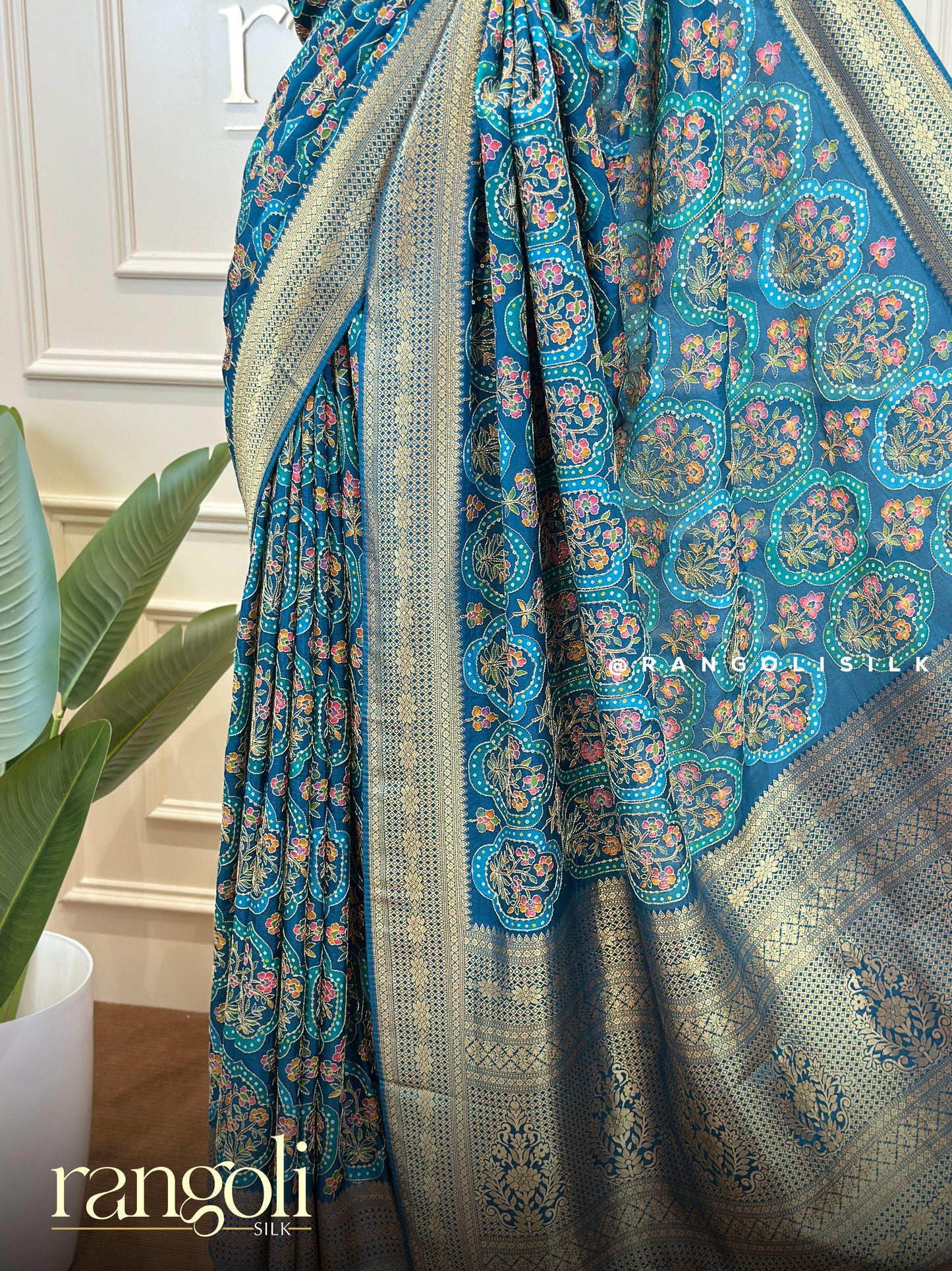 Teal Blue Banarasi Saree with Floral Zari Motifs & Antique Gold Border - Post 807