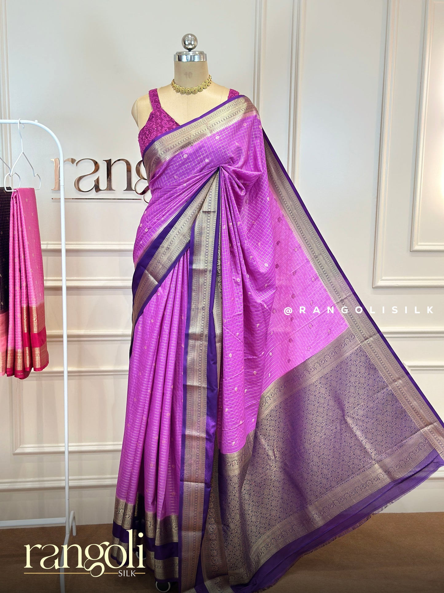 Semi Mysore Silk Saree with Checks Pattern, Buttas & Rich Border - Post 911