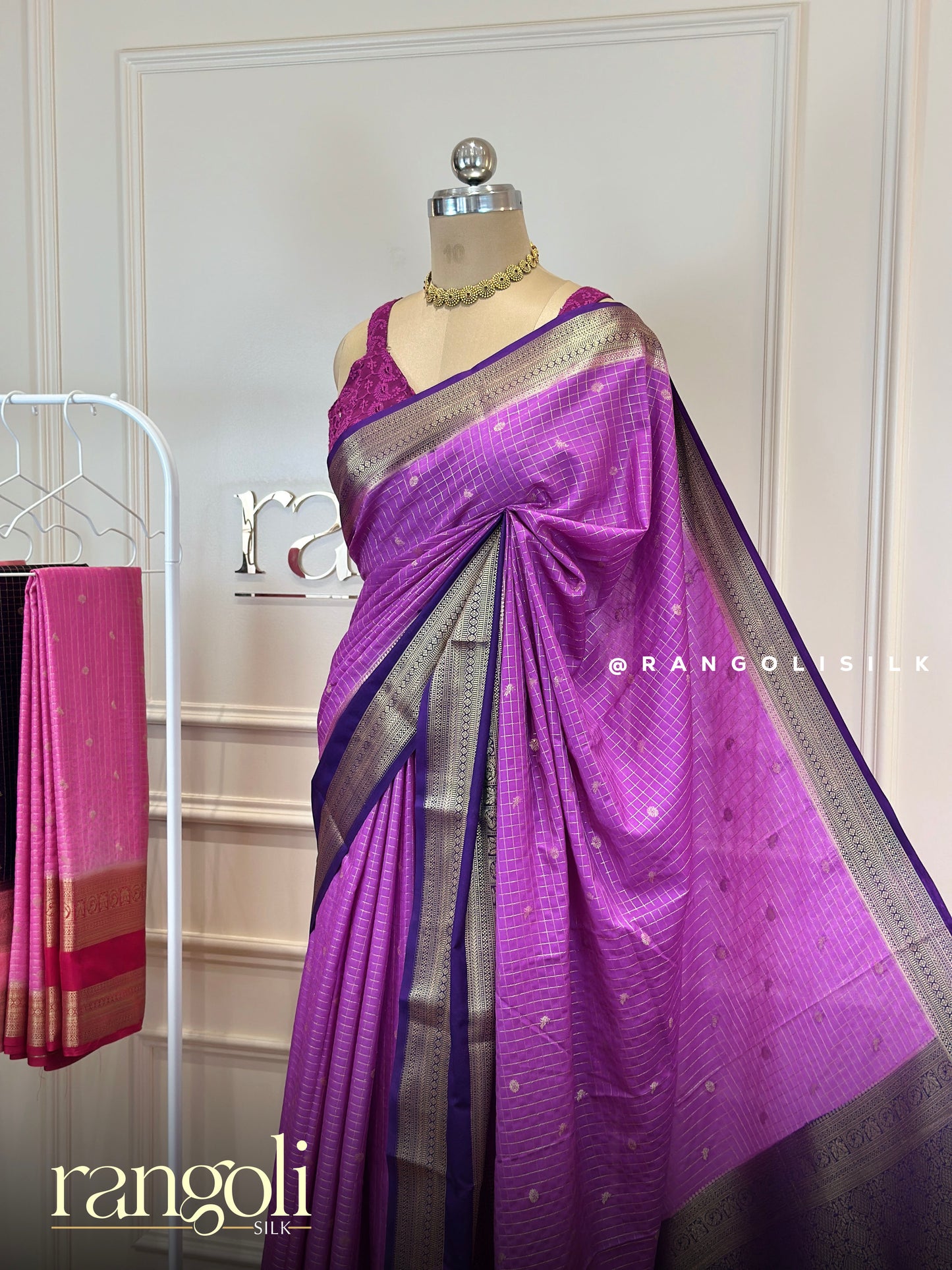 Semi Mysore Silk Saree with Checks Pattern, Buttas & Rich Border - Post 911