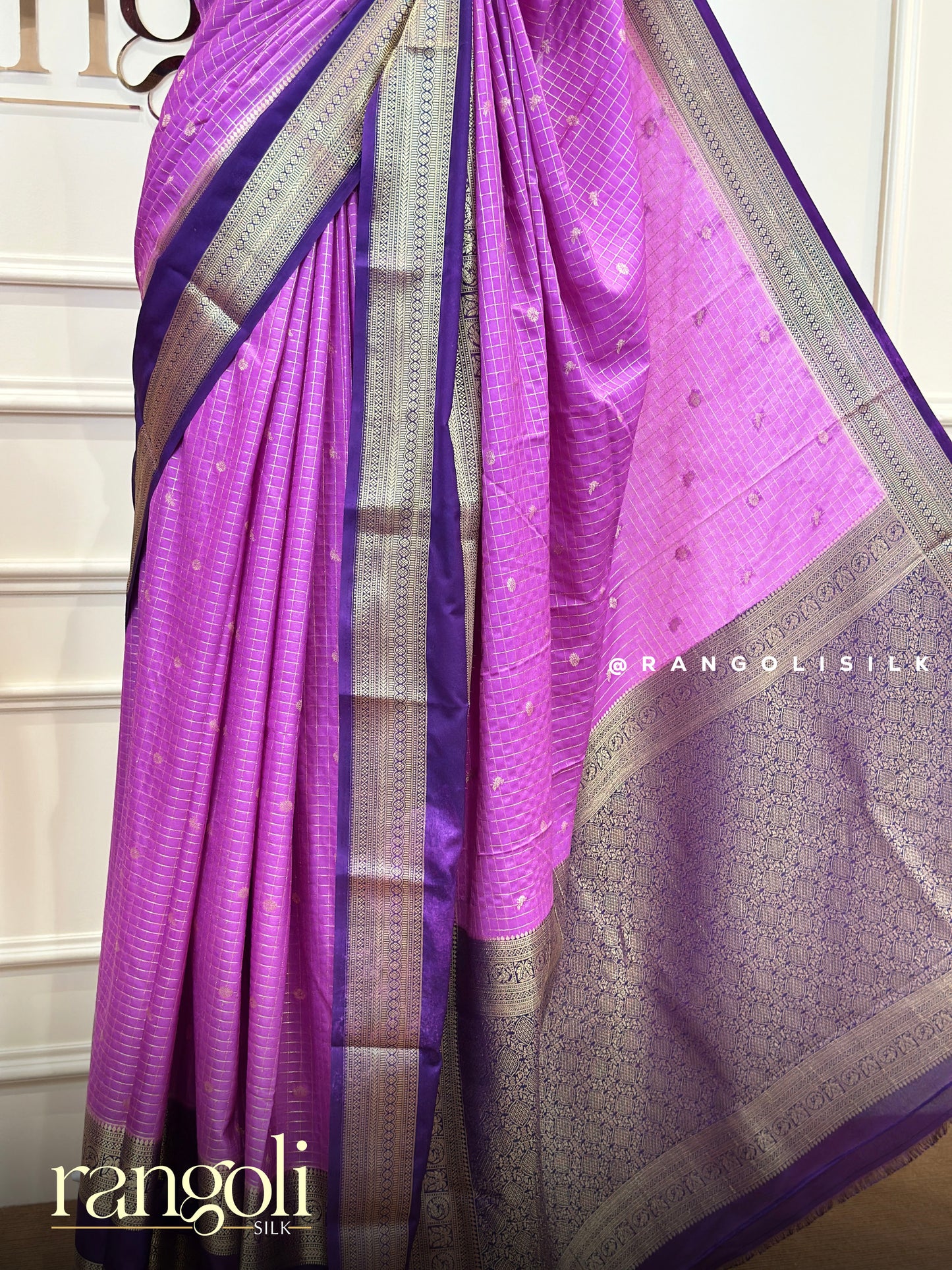 Semi Mysore Silk Saree with Checks Pattern, Buttas & Rich Border - Post 911