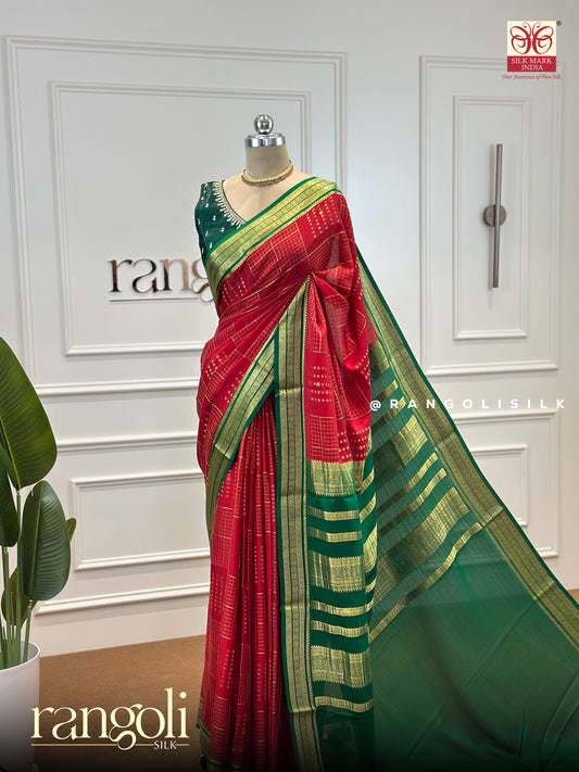 Pure Crepe Silk Saree in a Timeless Red & Green with Rich Zari Work and Woven Pallu - Post 406
