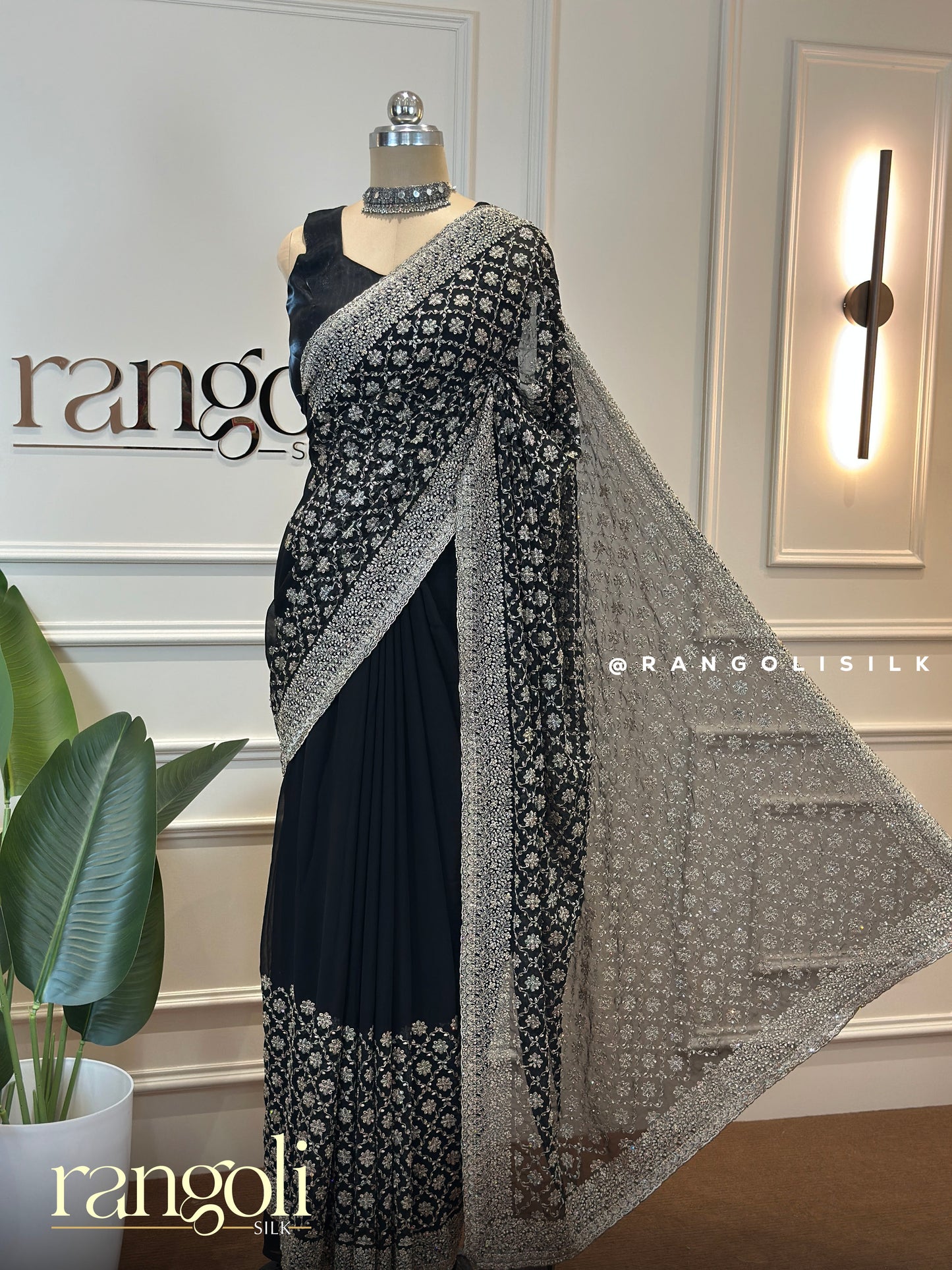 Elegant Black Saree with Delicate Champagne Embroidery - Post 622