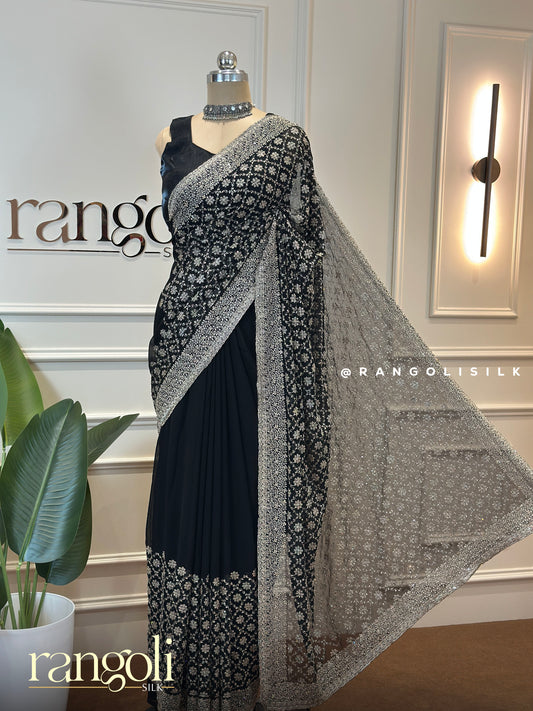 Elegant Black Saree with Delicate Champagne Embroidery - Post 622