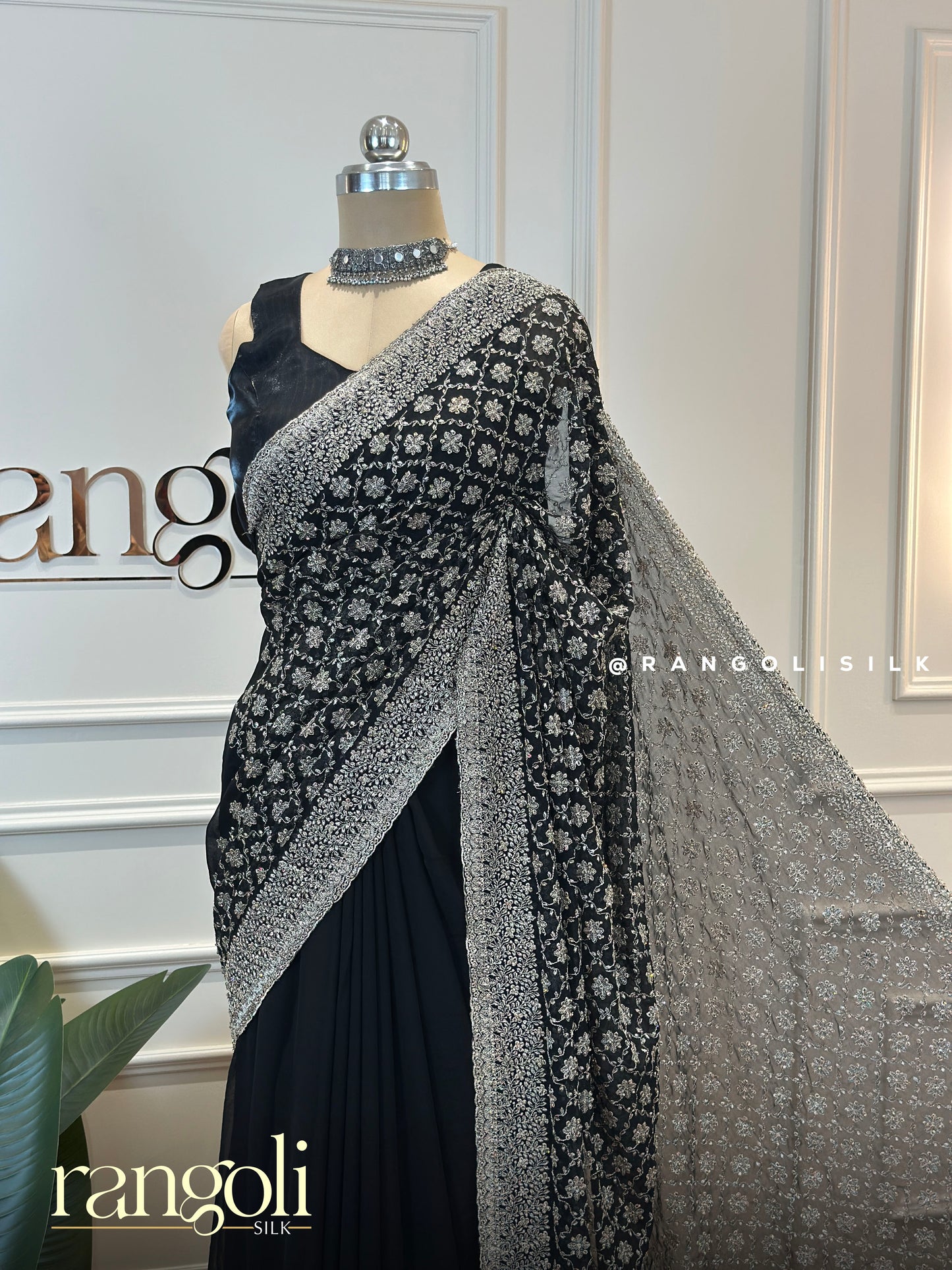 Elegant Black Saree with Delicate Champagne Embroidery - Post 622