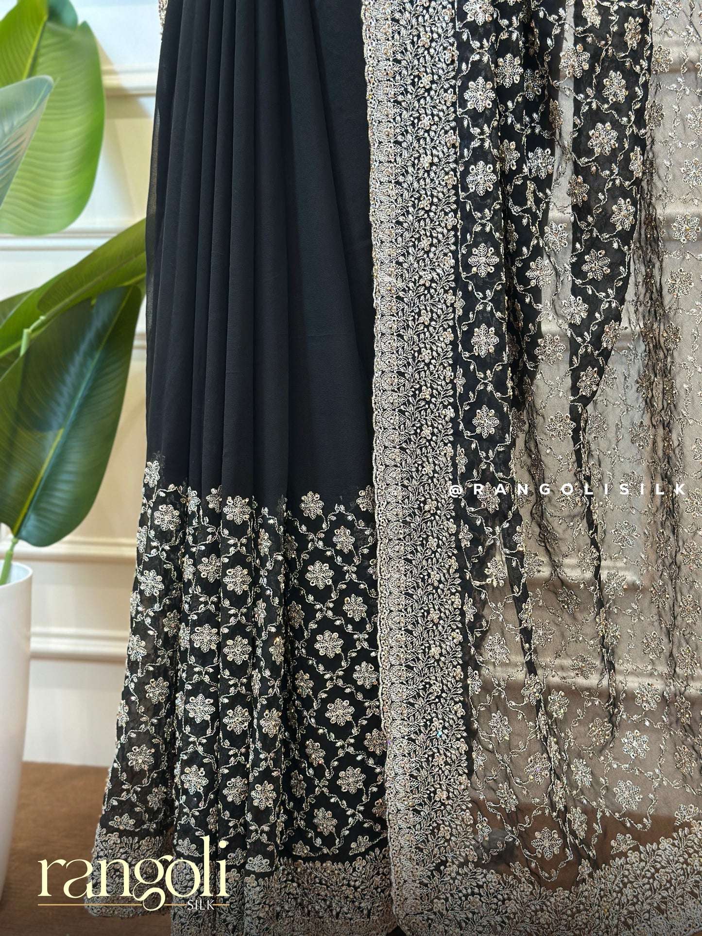 Elegant Black Saree with Delicate Champagne Embroidery - Post 622