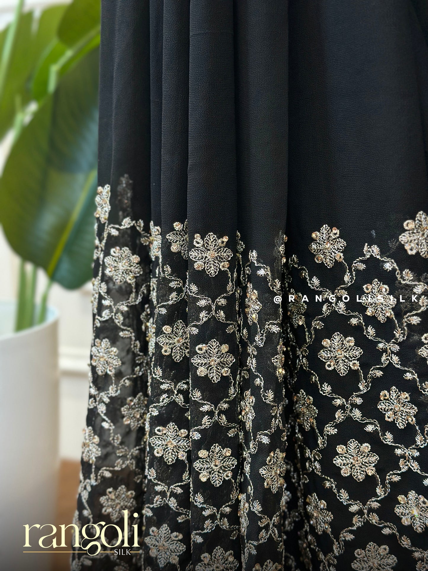 Elegant Black Saree with Delicate Champagne Embroidery - Post 622