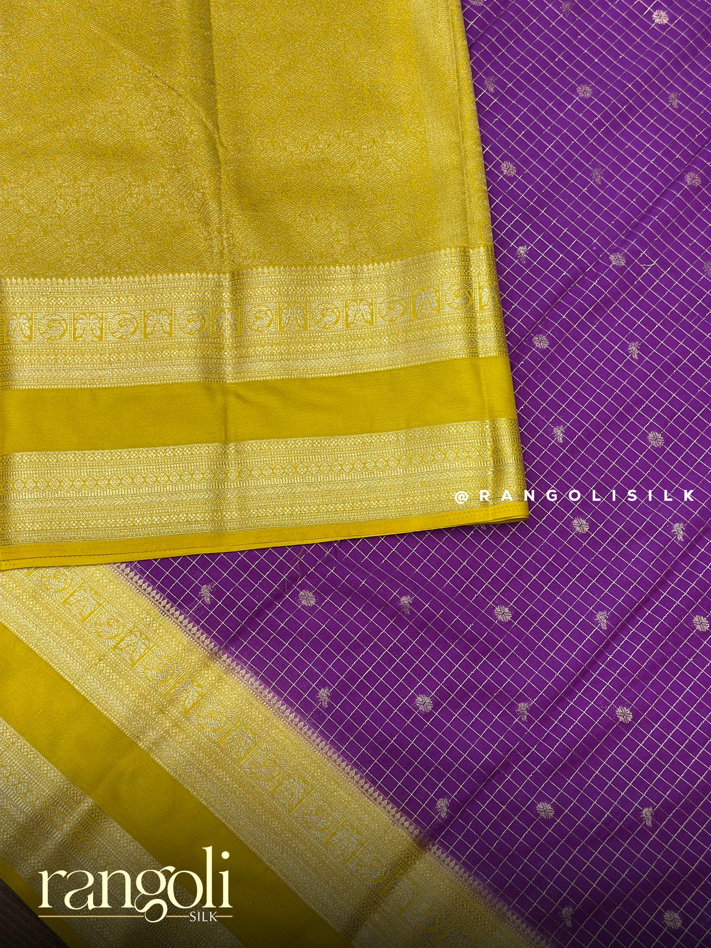 Semi Mysore Silk Saree with Checks Pattern, Buttas & Rich Border - Post 911