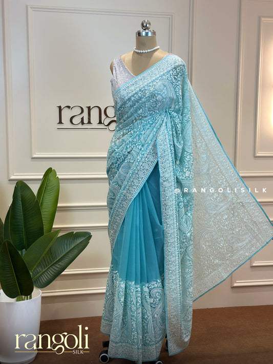 Sky Blue Designer Embroidered Saree – Elegant & Minimal Style - Post 504