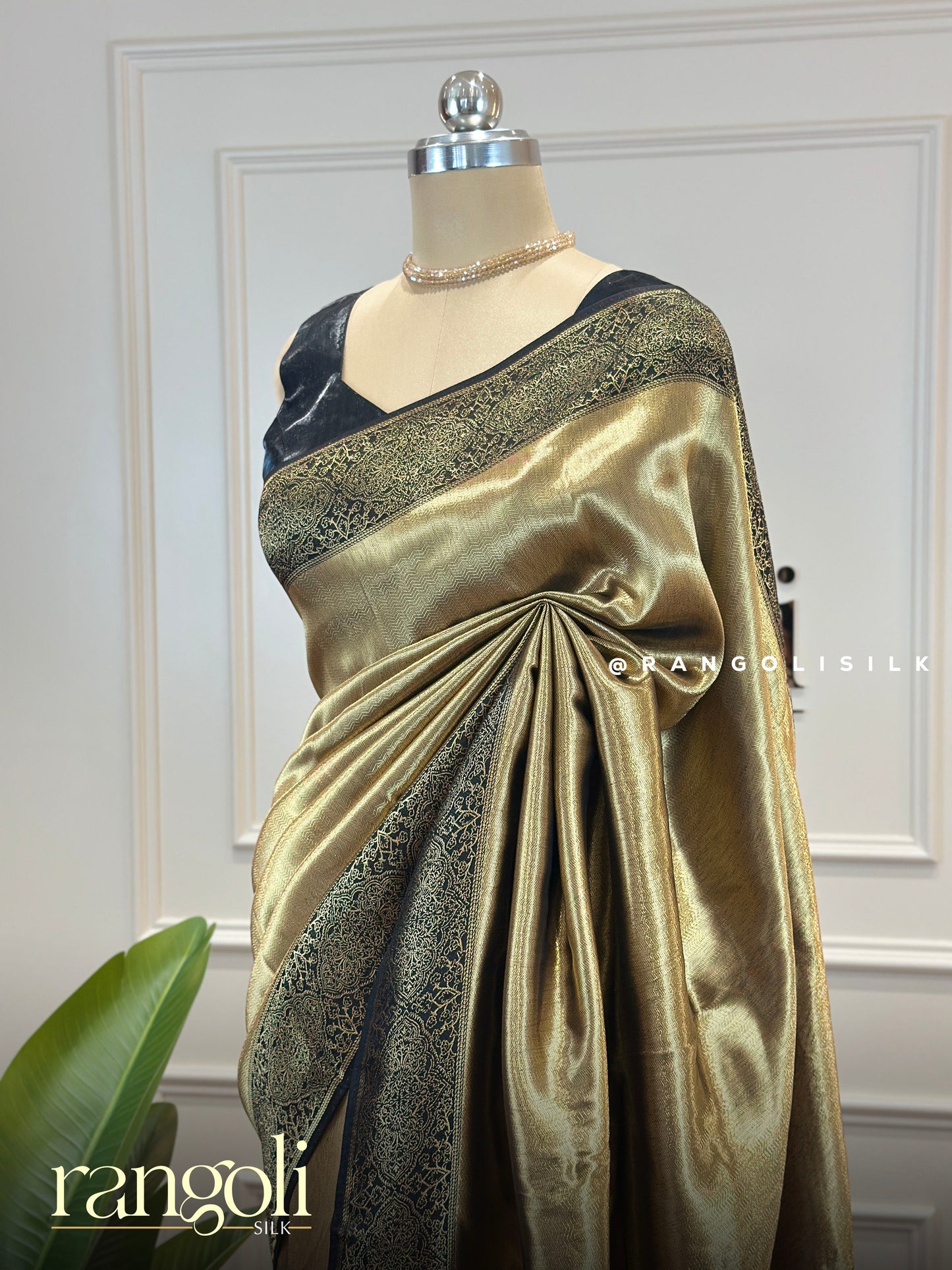 Antique Gold Tissue Silk Saree with Black Woven Zari Border - Post 801
