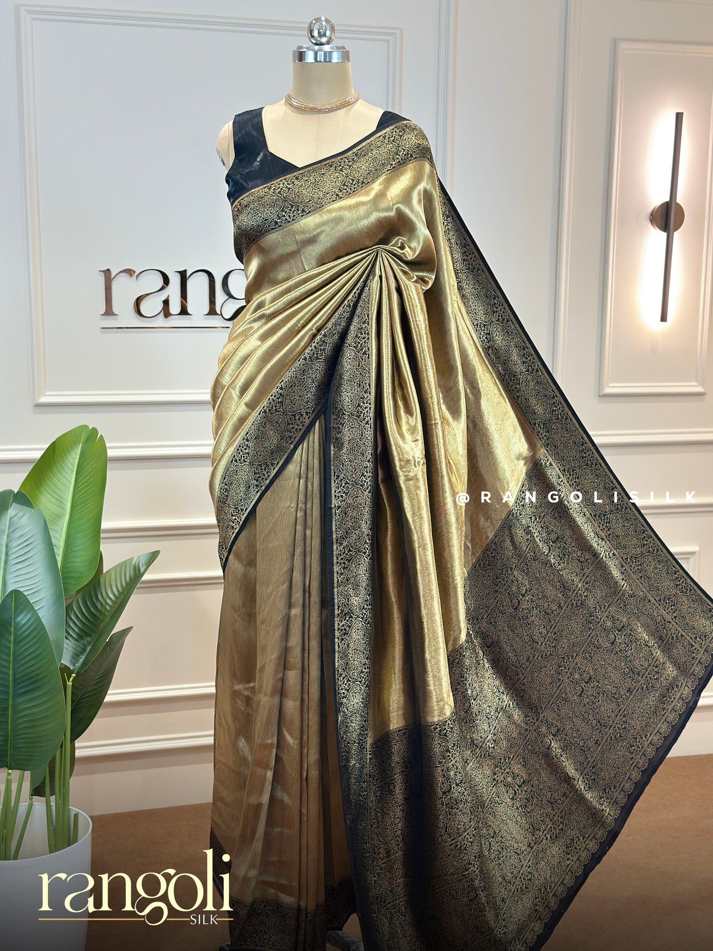 Antique Gold Tissue Silk Saree with Black Woven Zari Border - Post 801