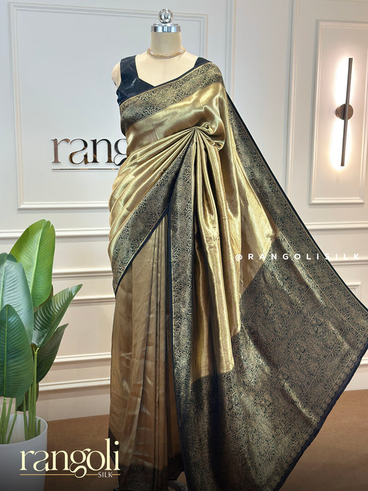 Antique Gold Tissue Silk Saree with Black Woven Zari Border - Post 801