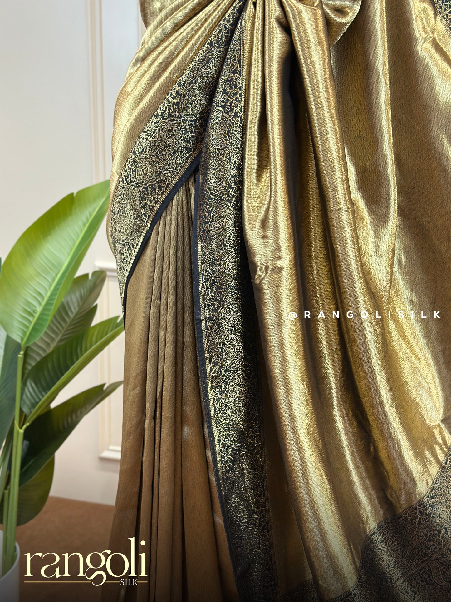Antique Gold Tissue Silk Saree with Black Woven Zari Border - Post 801