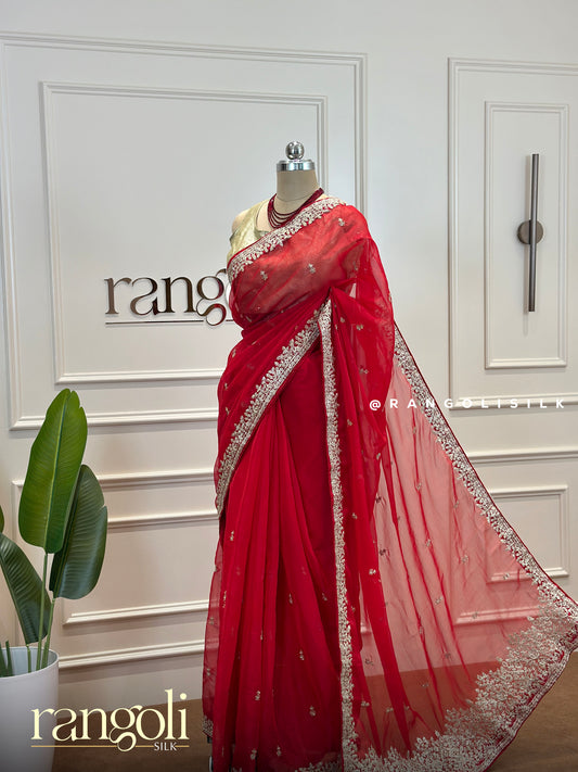 Stunning Red Organza Saree with Detailed Border & Pallu - Post 408