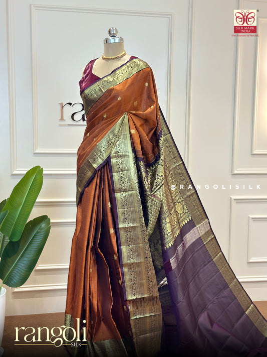 Pure Kanjivaram Silk Saree in Rust with Regal Purple Border - Post 506