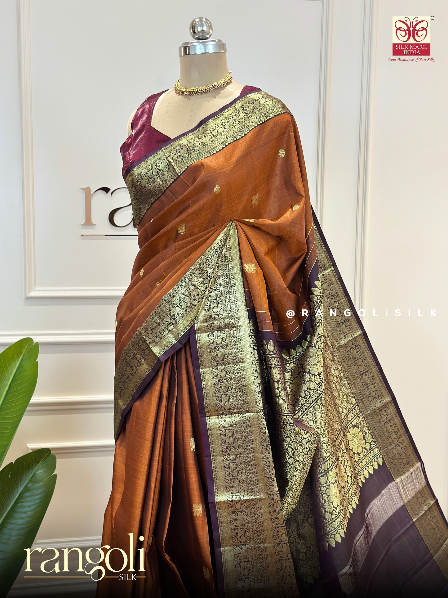 Pure Kanjivaram Silk Saree in Rust with Regal Purple Border - Post 506