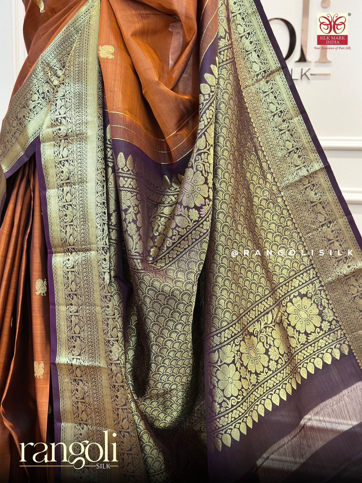 Pure Kanjivaram Silk Saree in Rust with Regal Purple Border - Post 506