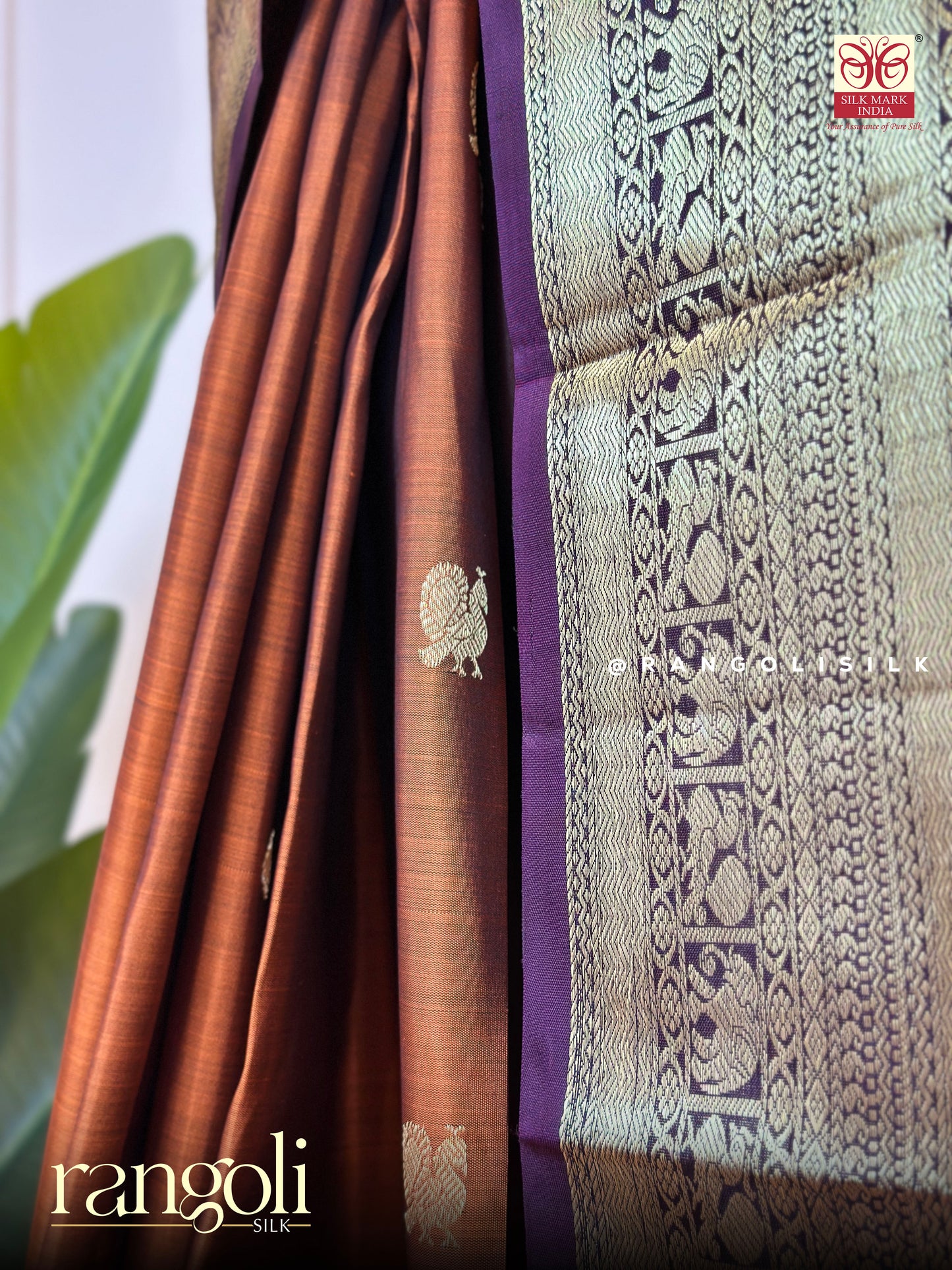Pure Kanjivaram Silk Saree in Rust with Regal Purple Border - Post 506