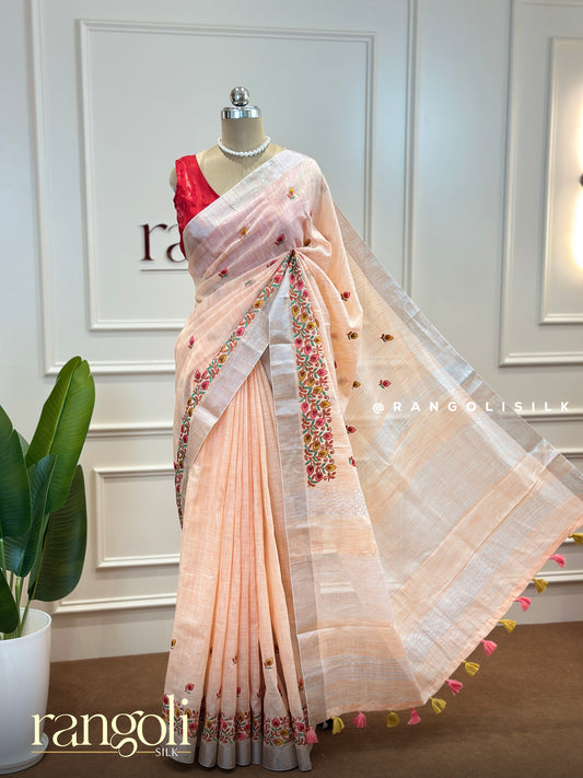 Linen Cotton Saree with Delicate Embroidery – Lightweight & Breathable Elegance - Post 507
