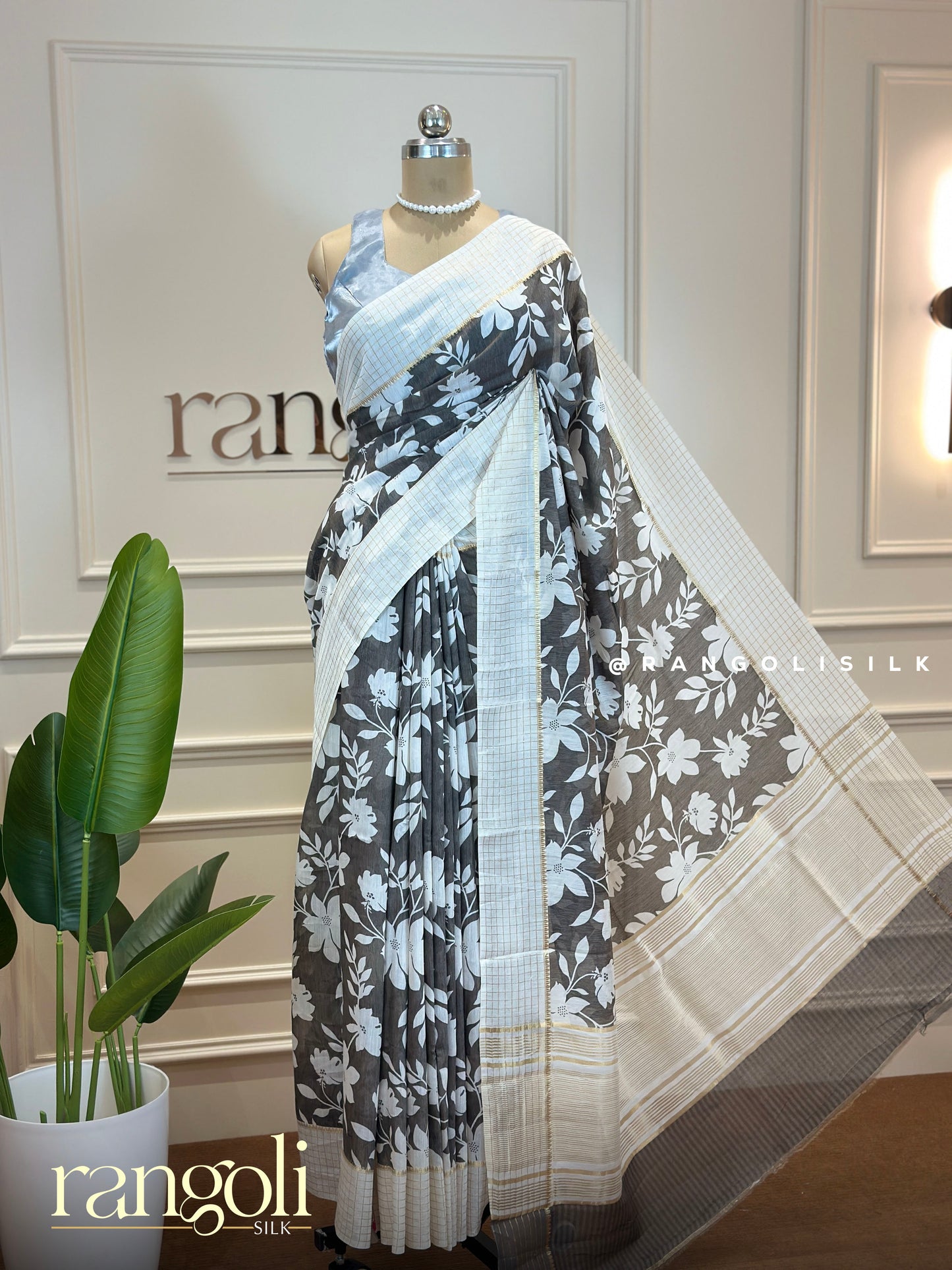 Soft Cotton Saree in Purple, Grey & Peach with White Floral Prints - Post 635