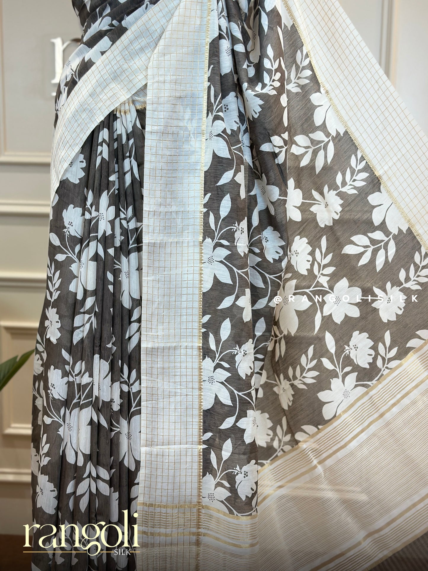 Soft Cotton Saree in Purple, Grey & Peach with White Floral Prints - Post 635