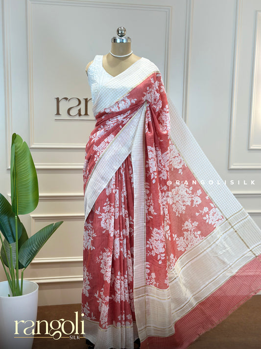 Soft Cotton Saree in Purple, Grey & Peach with White Floral Prints - Post 635