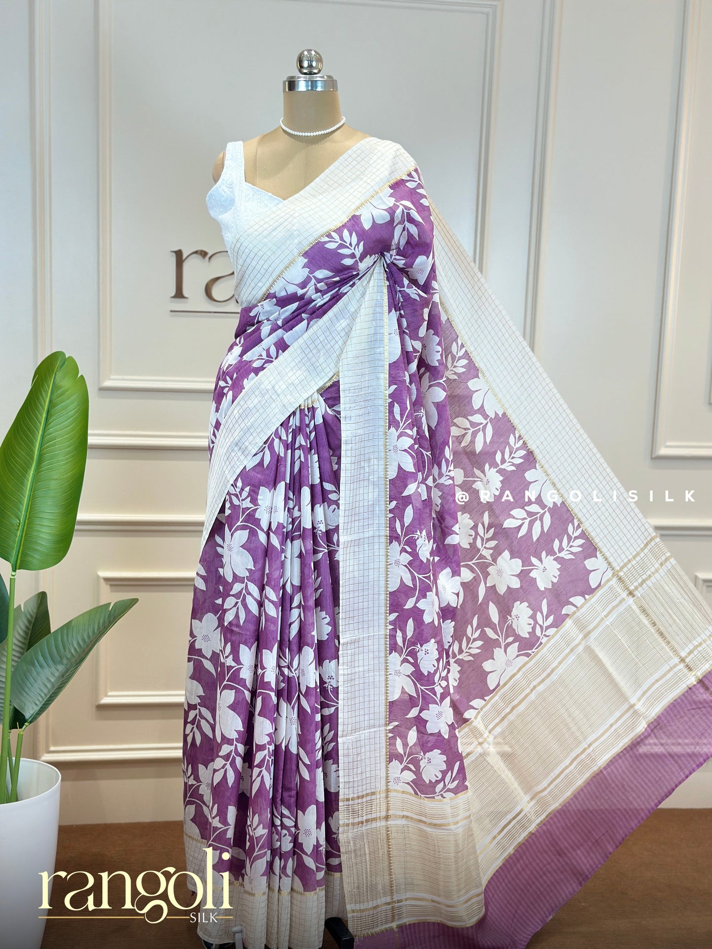 Soft Cotton Saree in Purple, Grey & Peach with White Floral Prints - Post 635