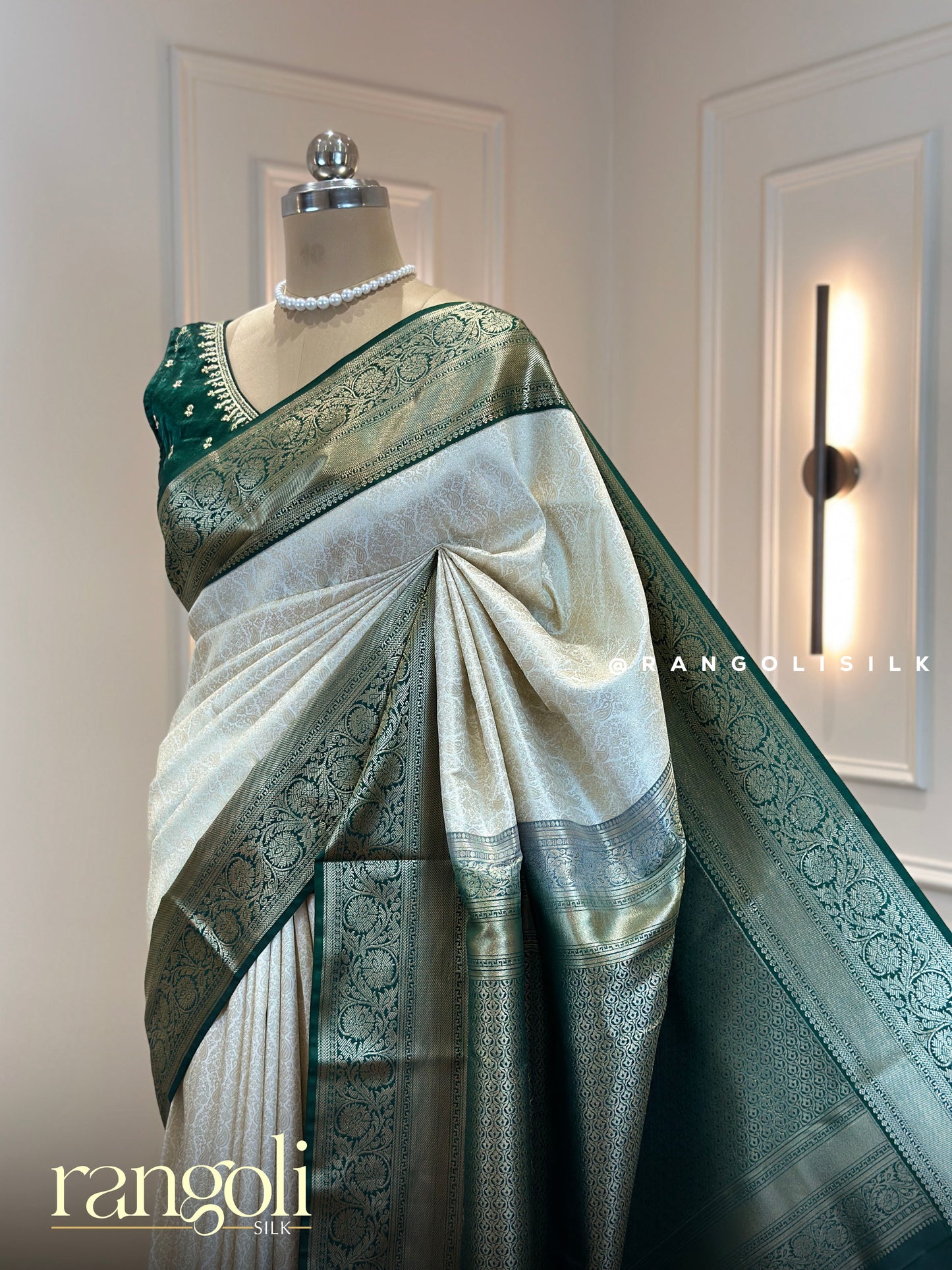 Semi Kanjivaram Silk Saree in Ivory with Rich Bottle Green Brocade - Post 634