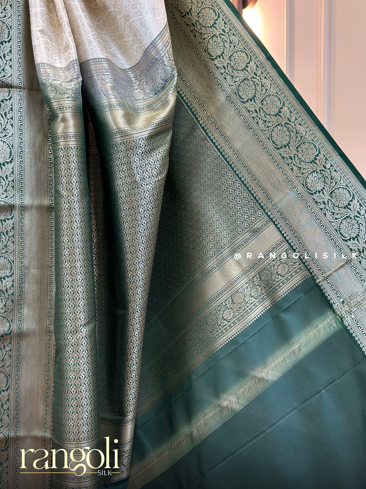 Semi Kanjivaram Silk Saree in Ivory with Rich Bottle Green Brocade - Post 634