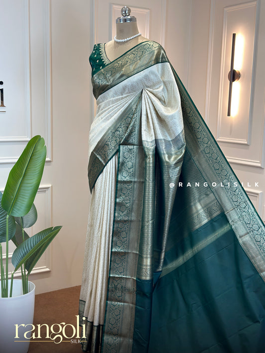 Semi Kanjivaram Silk Saree in Ivory with Rich Bottle Green Brocade - Post 634