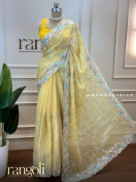 Soft Yellow Designer Saree with Embroidered Pallu & Pastel Floral Borders - Post 626