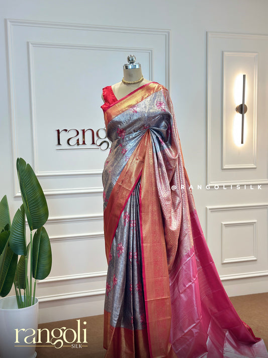 Elegant Tissue Silk Saree with Bold Contrast Border & Floral Detailing - Post 414