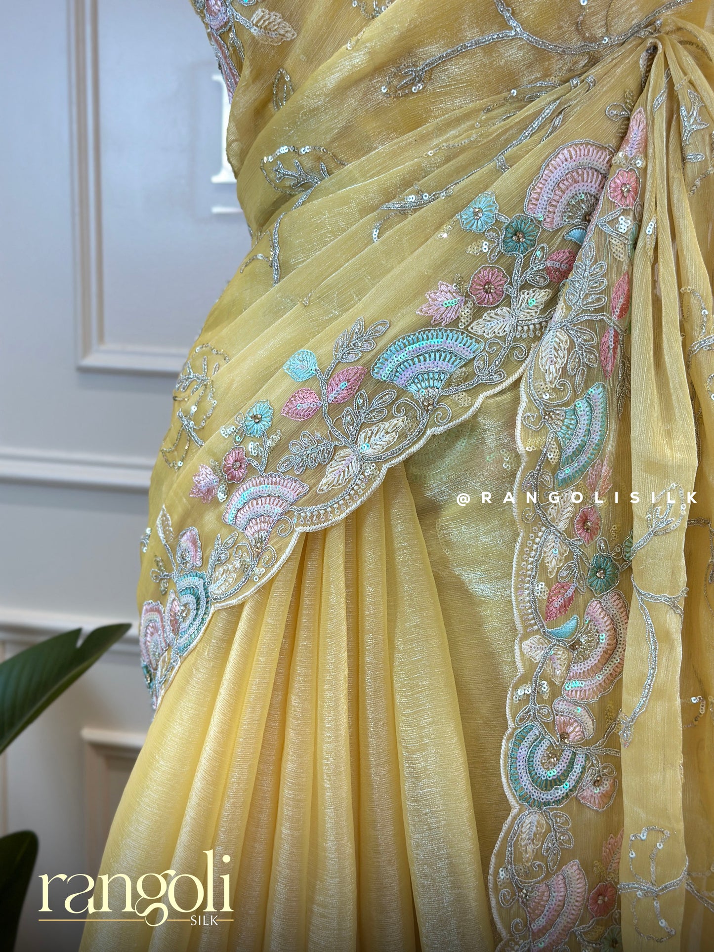 Soft Yellow Designer Saree with Embroidered Pallu & Pastel Floral Borders - Post 626