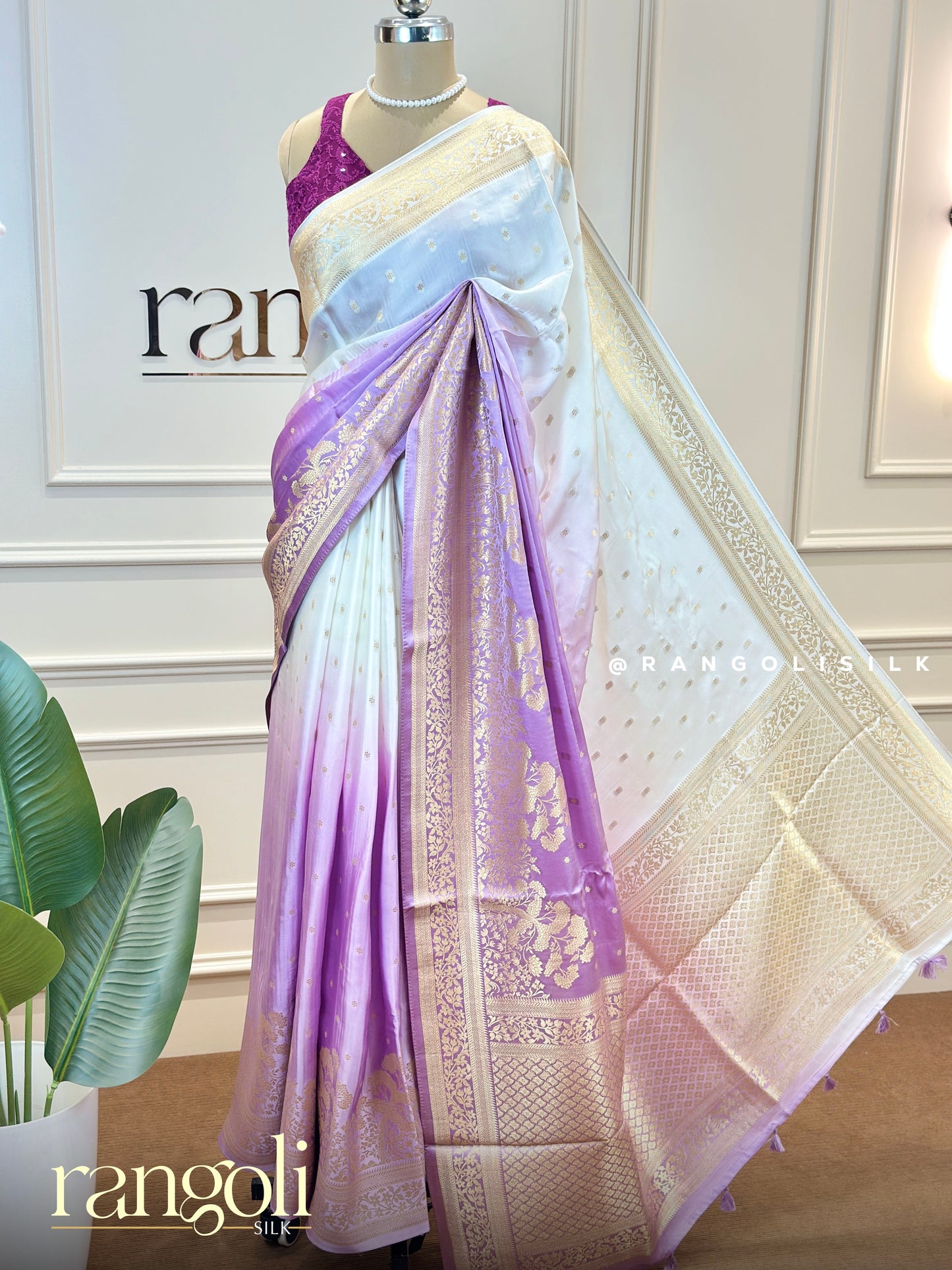 Ivory Double Shade Banarasi Saree with Yellow & Lilac Zari Motifs - Post 716