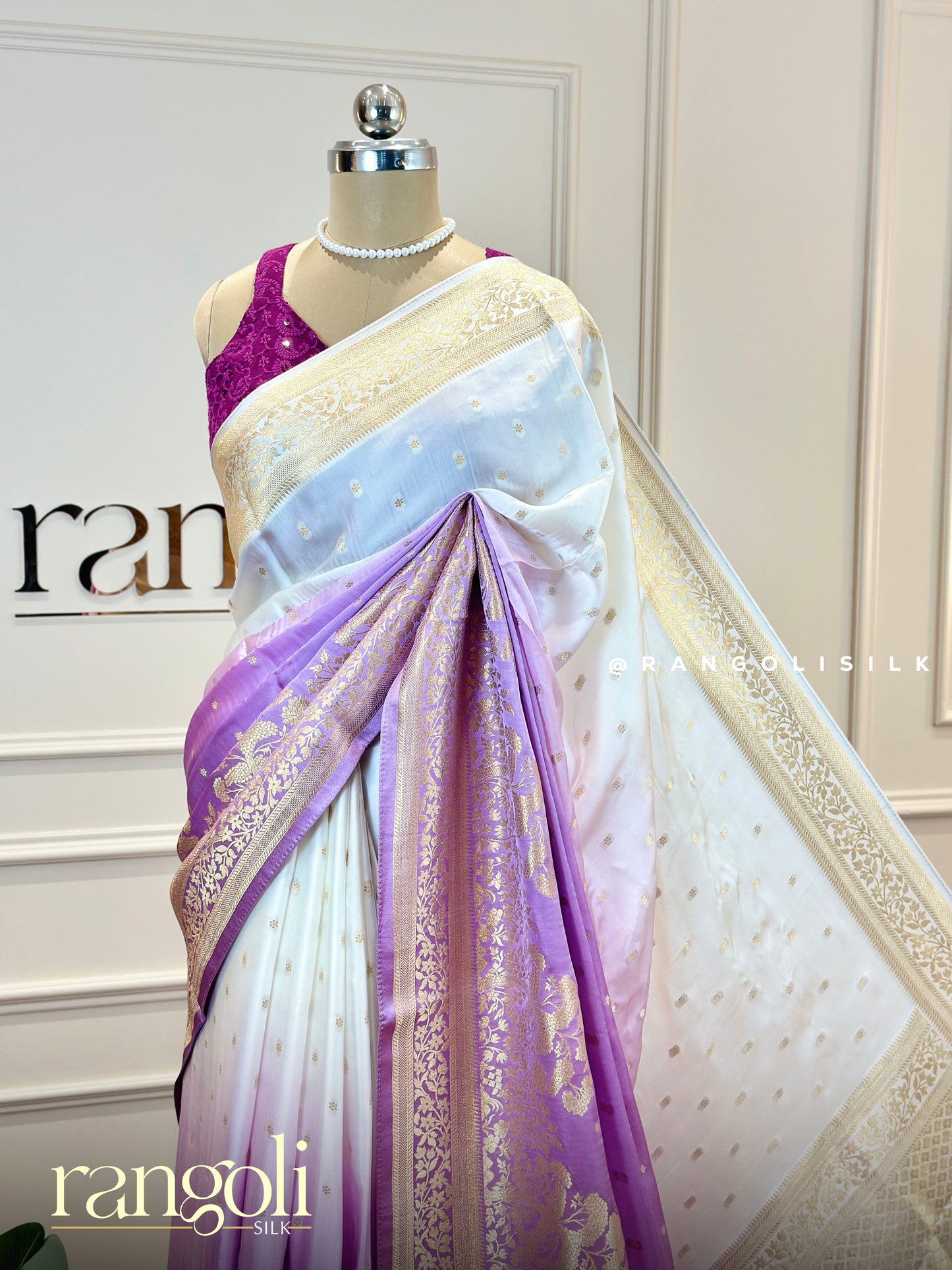 Ivory Double Shade Banarasi Saree with Yellow & Lilac Zari Motifs - Post 716